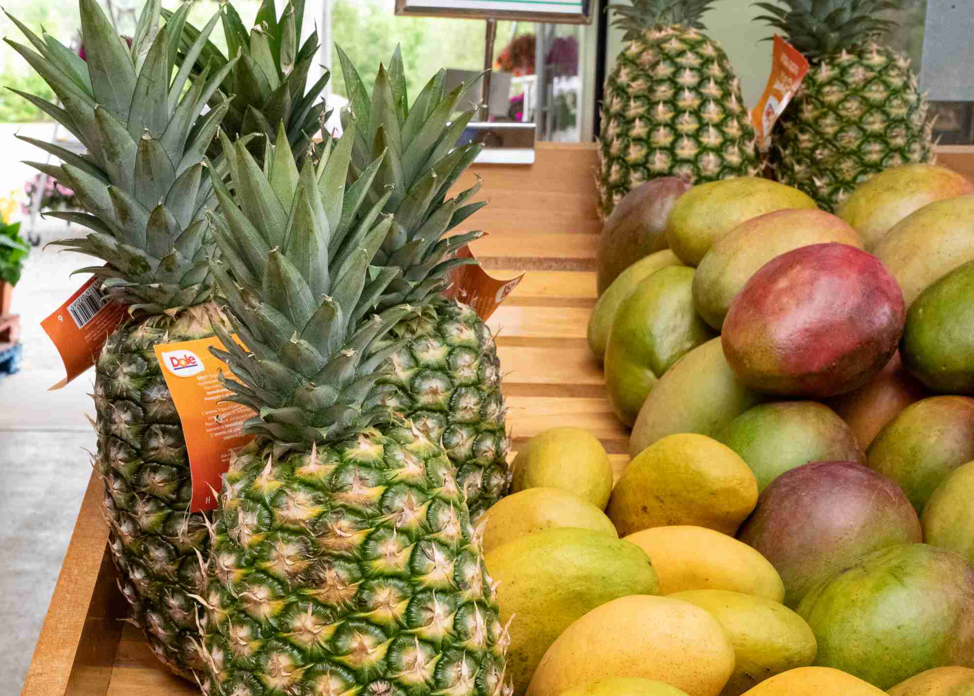 Colorful baskets of fruit and vegetables at a farmers market